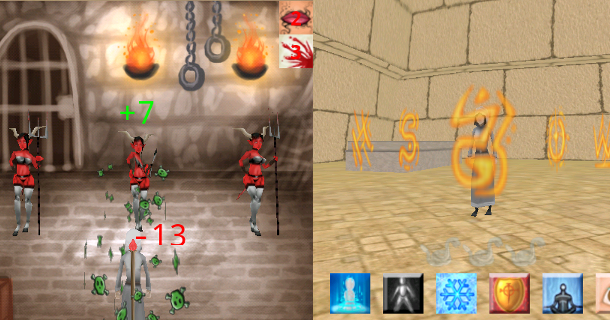 Maiden Wars combat showing characters, spell effects, and rune icons